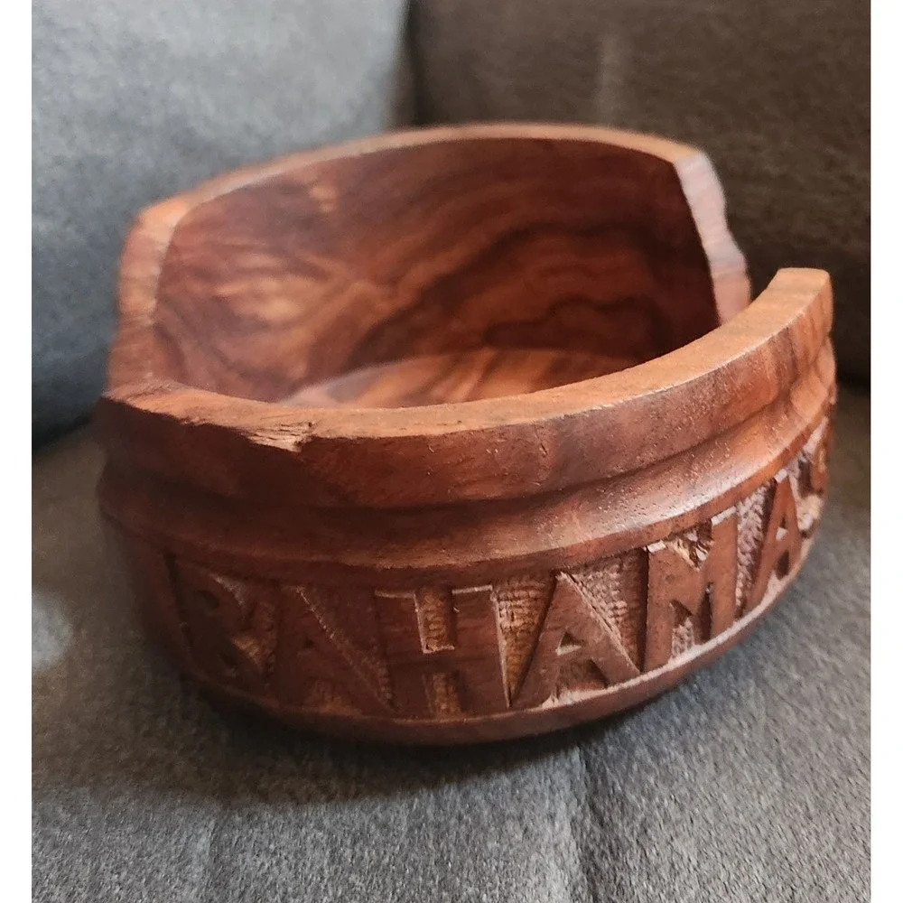 Vintage Hand Carved Wood Bahamas Souvenir Coaster Holder Inlay Tropical Decor